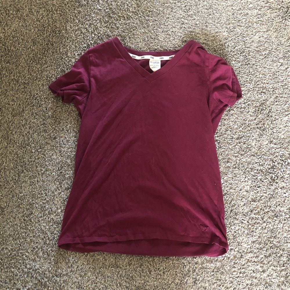 PINK Victoria's Secret Short Sleeve V-Neck Tee - Burgundy